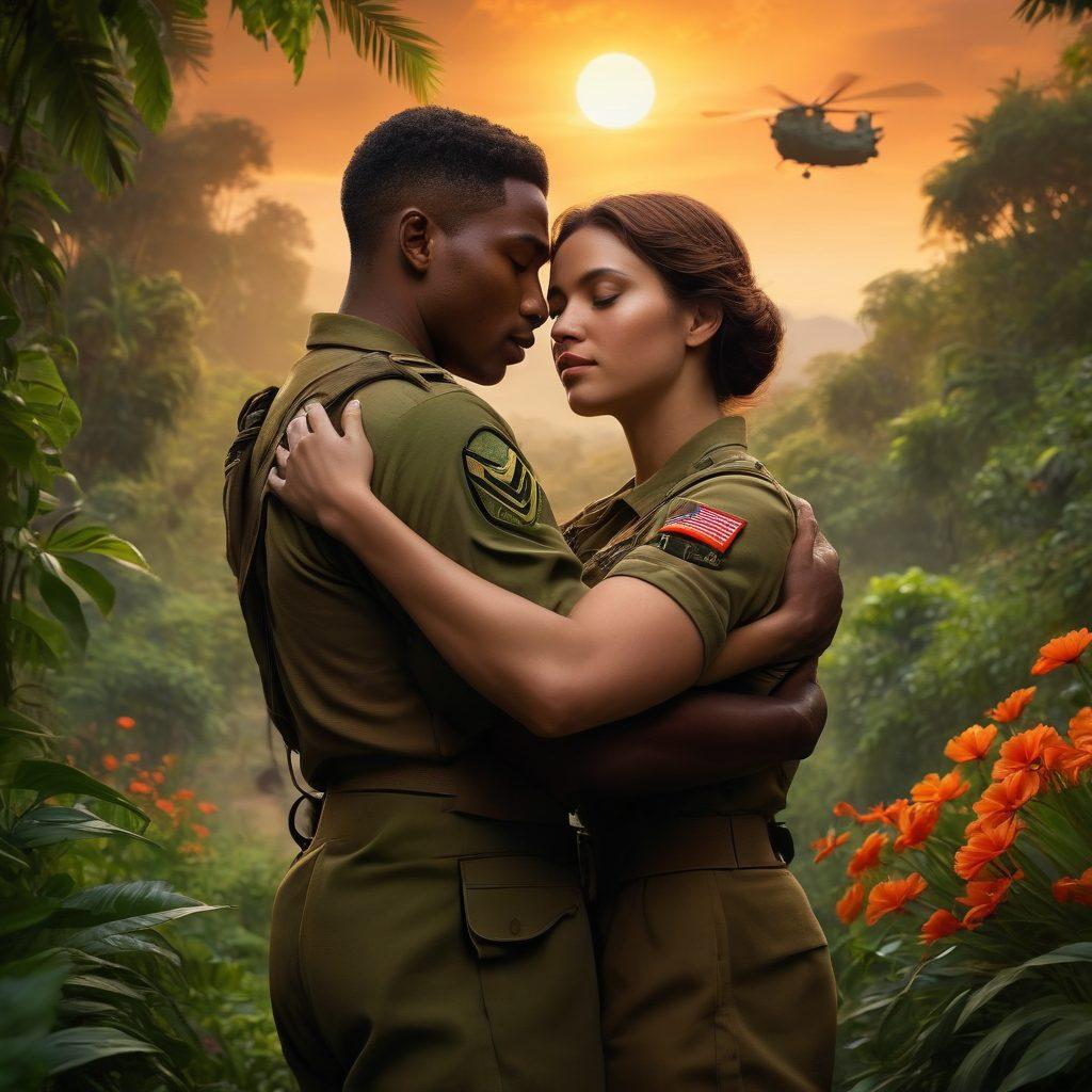 A poignant scene of two soldiers embracing amidst a lush, green jungle, with a backdrop of a fiery sunset symbolizing hope. Their expressions convey deep love and sacrifice, while in the distance, silhouettes of helicopters hint at the chaos of war. Vivid flowers surround them, symbolizing beauty and resilience amid conflict. Capture a blend of emotion and intensity. super-realistic. vibrant colors. dramatic lighting.
