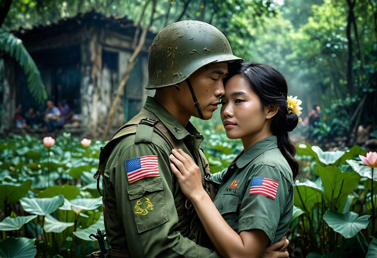 A heroic soldier embracing a loved one against a backdrop of war-torn Vietnam, symbolizing affection and patriotism. The scene features lush green jungles and subtle hints of conflict, with vibrant colors highlighting the emotional connection. Incorporate elements like an American flag and traditional Vietnamese symbols to enrich the narrative. super-realistic. vibrant colors. emotional depth.