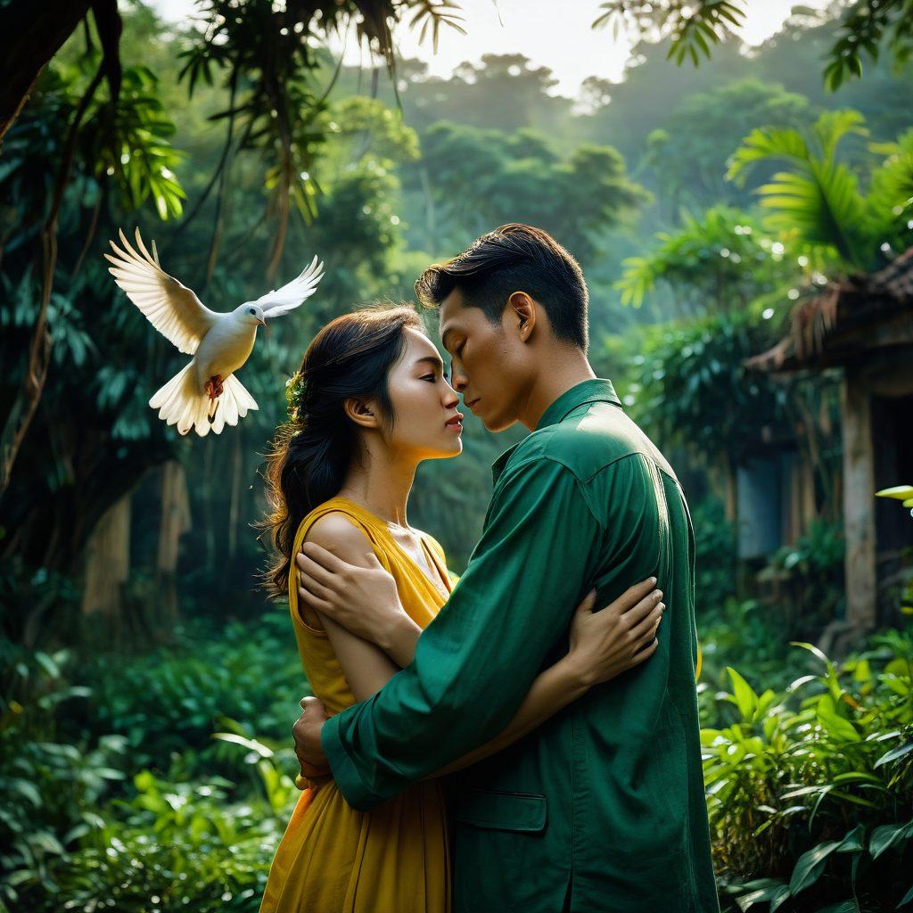 A poignant scene depicting a couple embracing amidst a war-torn Vietnamese landscape, with lush green jungles in the background and the distant sound of gunfire. The emotions of love and longing are palpable on their faces, contrasted with the harsh realities of conflict. Include symbols of peace, like doves flying overhead, to signify hope. Soft, warm lighting to enhance the tender mood. super-realistic. vibrant colors. cinematic.